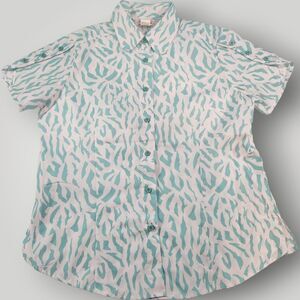 American Sweetheart Womens M Button Up Short Sleeve Blue Teal Animal Print Shirt